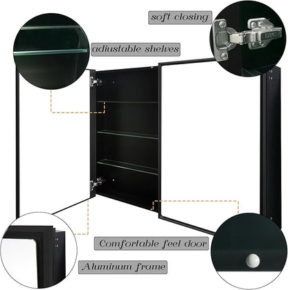 Medicine Cabinet with Aluminum Framed Mirror,36"x32" Surface Mount or Recessed Mount Bathroom Vanity Mirror,Single Door Bathroom Mirror with Storage Cabinet