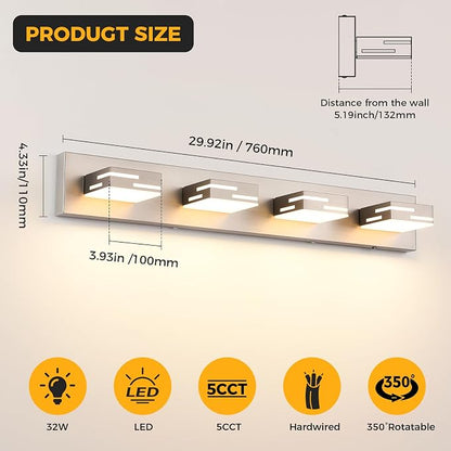 4-Light 5CCT Modern Bathroom Vanity Light Fixtures, 30-Inch 350° Rotatable LED Vanity Lights Over Mirror, Dimmable Brushed Nickel Wall Sconce with Frosted Acrylic Shade