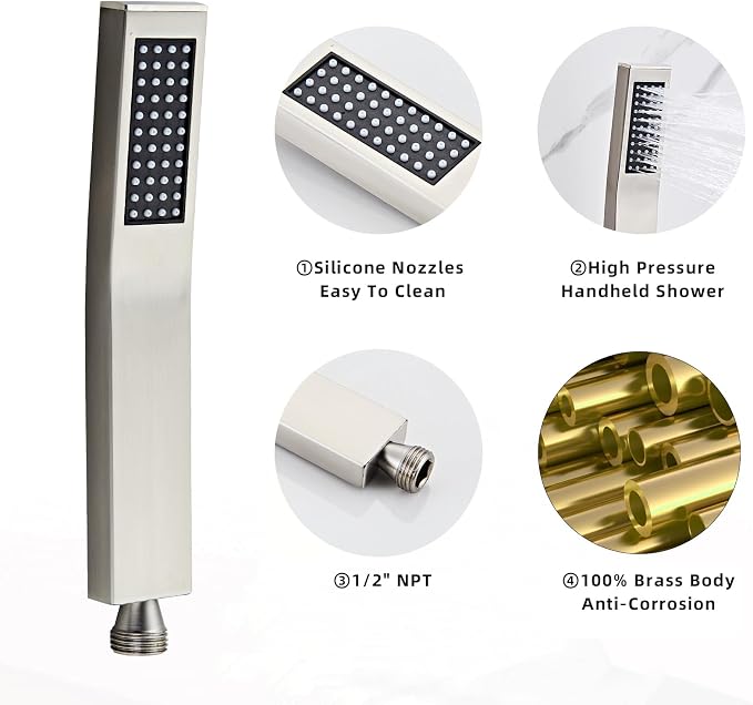 Handheld Shower Head，High Pressure Brushed Nickel Shower Head,Water Saving Detachable Shower Wand with Solid Brass Body and 5 ft Flexible Hose, Easy to Clean and Durable