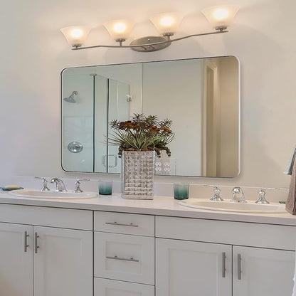 Brushed Nickel Bathroom Mirror, 24”x40” Rounded Corner Rectangle Mirror, Modern Metal Frame Bathroom Vanity Mirror