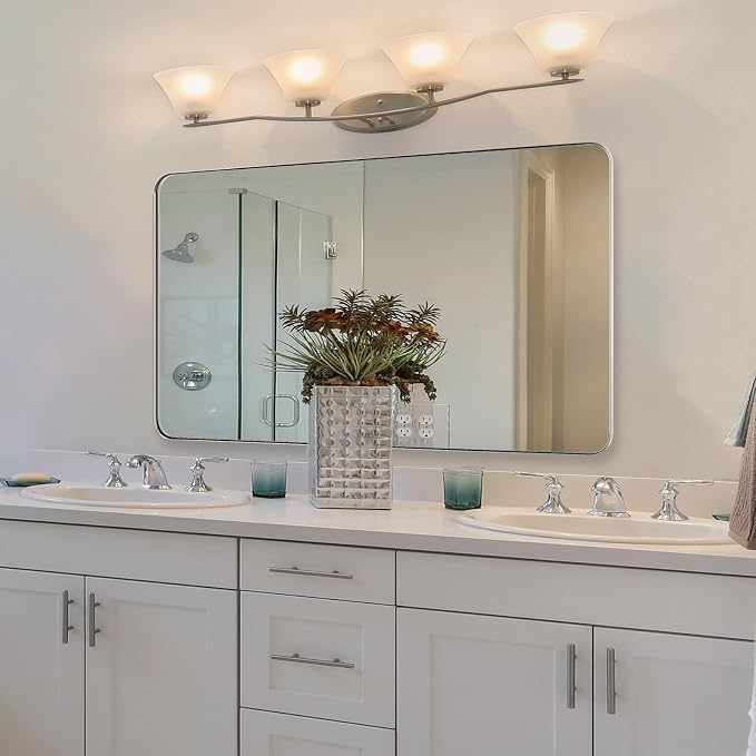 30"x48"Chrome Bathroom Mirror, Large Wall Mirror for Bathroom, Rounded Rectangle Mirror in Premium Stainless Steel Metal Frame Hangs Horizontal Or Vertical