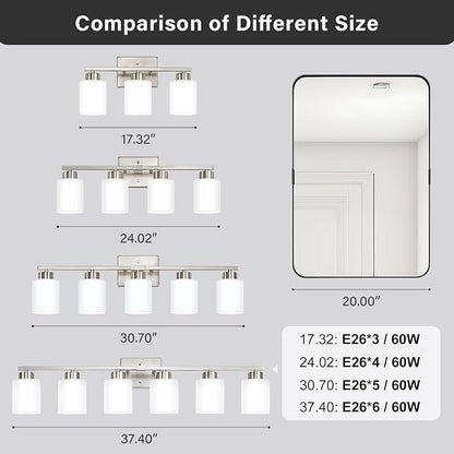 FonmYim Brushed Nickel Bathroom Light Fixtures Vanity Lights Over Mirror | Modern 6-Light lighting fixtures for bathroom with Milky White Frosted Glass Shades, E26 Socket (Bulbs Not Included)