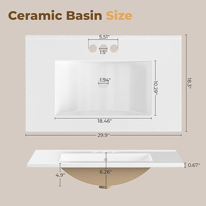 IRONCK 30" Bathroom Vanity with Ceramic Sink, Bathroom Storage Cabinet with Doors & Drawers & DIY Side Storage, Pedestal Sink Combo Set, White