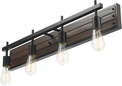 Globe Electric 52058 4-Light Vanity Light with Faux Wood Finish and Matte Black Accents, Ideal for Bathroom, Living Room, and for Makeup Over Mirror Lighting