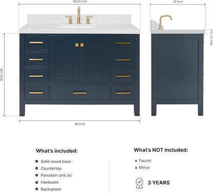 Beckford 48-Inch Bathroom Vanity with Sink — Midnight Blue Single Sink Bathroom Vanity, 1.5" Edge Carrara White Quartz Countertop, Solid Wood, 2 Soft-Close Doors, 9 Dovetail Drawers