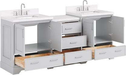ARIEL Stafford 84-inch Bathroom Vanity with Sink,Solid Wood, 1.5in Carrara White Quartz Countertop & Backsplash, Double Rectangular Porcelain Sink, 4 Soft Closing Doors, 5 Dovetail Drawers, Grey