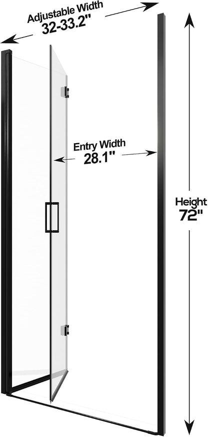 32-33.2" W x 72" H Frameless Bifold Pivot Swing Shower Door | 1/4" (6mm) Clear SGCC Tempered Glass with a space-saving folding Bathroom Door, Reversible Installation, Matte Black Finish