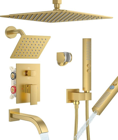 Rain Shower System with Rough-in Valve, Ceiling Mount Shower Faucet Set with 12" & 6" Dual Rain Shower Heads, 2-in-1 Handheld Shower, Tub Spout, 4-Function Complete Shower Fixture,Brushed Gold