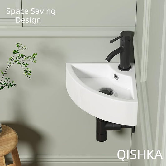 Wall Mount Corner Bathroom Sink, QISHKA 13" X 13" Triangle Floating Ceramic Wash Hand Basin Small White Wall Mount Vanity Sink with Single Faucet Hole and Overflow