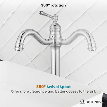 gotonovo Vessel Sink Faucet 360° Swivel Spout Single Handle Tall Bathroom Faucet 1 Hole Farmhouse Lavatory Washbasin Mixer Tap Matching Supply Hoses, with Pop Up Drain, Polish Chrome