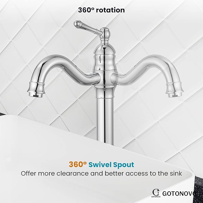 gotonovo Vessel Sink Faucet 360° Swivel Spout Single Handle Tall Bathroom Faucet 1 Hole Farmhouse Lavatory Washbasin Mixer Tap Matching Supply Hoses, Without Pop Up Drain, Polish Chrome