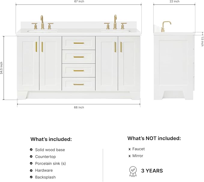ARIEL Taylor 66-inch Bathroom Vanity with Sink,Solid Wood, 1.5-inch Pure White Quartz Countertop & Backsplash, Double Oval Porcelain Sink, 4 Soft Closing Doors, 5 Dovetail Drawers, Satin Brass, White