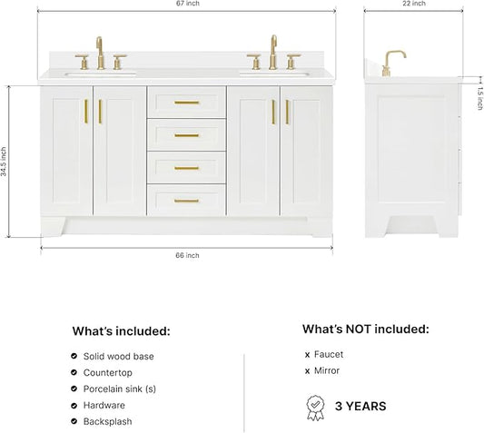 ARIEL Taylor 66-inch Bathroom Vanity with Sink,Solid Wood, 1.5-inch Pure White Quartz Countertop & Backsplash, Double Oval Porcelain Sink, 4 Soft Closing Doors, 5 Dovetail Drawers, Satin Brass, White