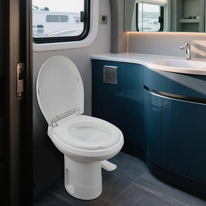 Efficient Gravity-Flush RV Toilet with Quiet-Close, Triple-Jet Flush with Adjustable Water Level, Standard Height and Foot Pedal for RVs, Trailers, and Campers