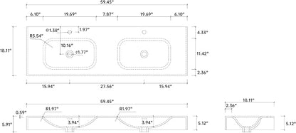 Wall Mount Double Bathroom Sink 59"L x 18"W x 5"H, Resin Stone Floating Sink with Facuet Holes, Rectangle Countertop Freestanding Vessel Sinks (Double Holes 59'')