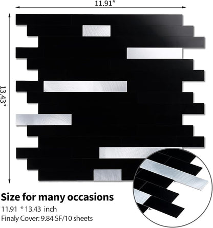 Yipscazo 5 Sheets Peel and Stick Stone Metal Tile Backsplash, Stick on Tiles for Backsplash Kitchen, Bathroom, Laundry Room, Camper, Fireplace (12'' X 12'', Polished Pure Black)