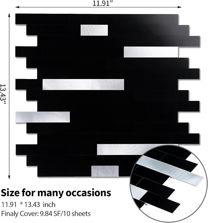 Yipscazo 10 Sheets Peel and Stick Stone Metal Tile Backsplash, Stick on Tiles for Backsplash Kitchen, Bathroom, Laundry Room, Camper, Fireplace (12'' X 12'', Polished Pure Black)