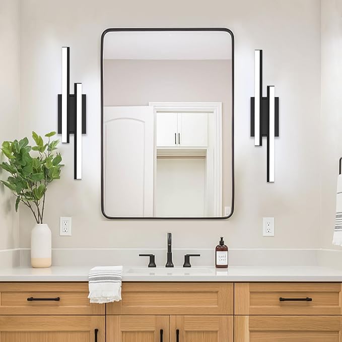 Bathroom Light Fixtures Over Mirror: 24 Inch Modern Black LED Vanity Light Bar ETL Certified | Retractable Dimmable Bathroom Lamp IP44 - Wall Light Fixture, 5700K Cool White(2 Pack)