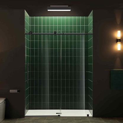 Woodbridge 56-60" W x 80" H Frameless Single Sliding Shower Door with Tempered Glass & Explosion Proof Film in Matte Black Finish