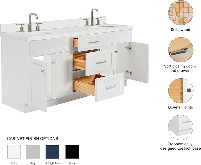 ARIEL Hamlet 72-inch Bathroom Vanity with Sink,Solid Wood, 1.5-inch Pure White Quartz Countertop & Backsplash, Double Oval Porcelain Sink, 4 Soft Closing Doors, 3 Dovetail Drawers, White
