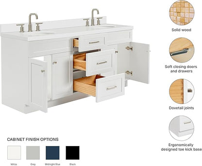 ARIEL Hamlet 72-inch Bathroom Vanity with Sink,Solid Wood, 1.5-inch Pure White Quartz Countertop & Backsplash, Double Oval Porcelain Sink, 4 Soft Closing Doors, 3 Dovetail Drawers, White