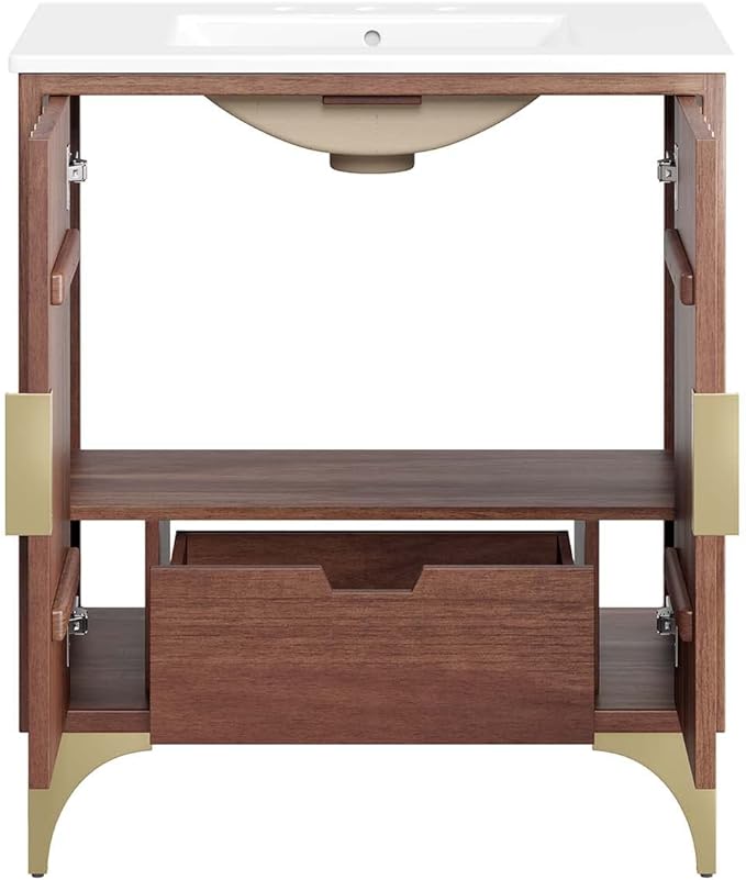 Modway Daylight Bathroom Vanity Cabinet with Ceramic Sink Basin, 30 Inch, White Walnut