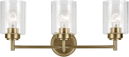 Kichler Winslow 21.5" 3-Light Vanity Light with Clear Seeded Glass in Natural Brass for Vanity, Luxe Industrial, (21.5" x 9.25"), 45886NBR