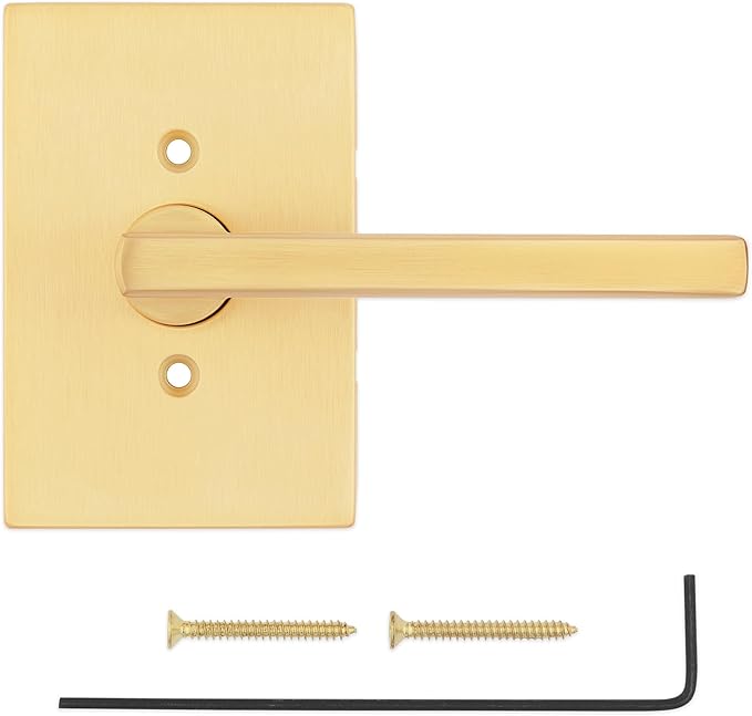 Kwikset Halifax Dummy Door Handle, Single Sided Lever for Closets, French Double Doors, and Pantry, Satin Brass Rectangle Non-Turning Reversible Interior Push/Pull Lever, with Microban Protection