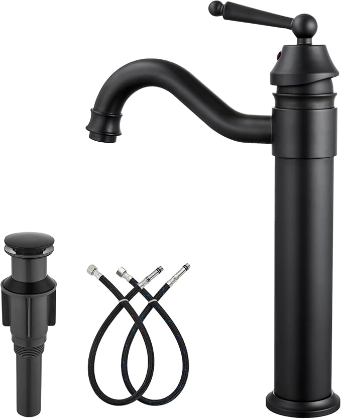 gotonovo Bathroom Vessel Sink Faucet Single Handle Brass Long Reach Bathroom Faucet 1 Hole Deck Mounted Mixer Tap with Pop Up Drain Matte Black