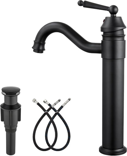 gotonovo Bathroom Vessel Sink Faucet Single Handle Brass Long Reach Bathroom Faucet 1 Hole Deck Mounted Mixer Tap with Pop Up Drain Matte Black