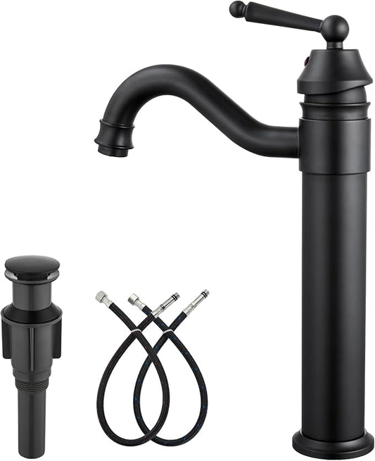gotonovo Bathroom Vessel Sink Faucet Single Handle Brass Long Reach Bathroom Faucet 1 Hole Deck Mounted Mixer Tap with Pop Up Drain Matte Black