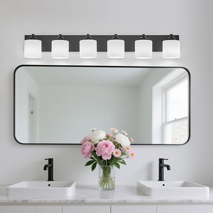 mirrea 44-Inch 6-Light Black Vanity Lights for Bathroom, Vanity Lighting Fixtures with Etched White Glass Shades