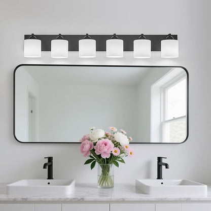 mirrea 44-Inch 6-Light Black Vanity Lights for Bathroom, Vanity Lighting Fixtures with Etched White Glass Shades