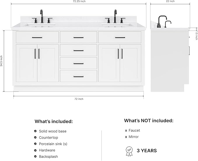 ARIEL Hepburn 72-inch Bathroom Vanity with Sink,Solid Wood, 1.5-inch Carrara White Quartz Countertop & Backsplash, Double Rectangular Porcelain Sink, 4 Soft Closing Doors, 6 Dovetail Drawers, White