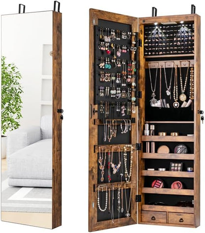 Moccha Wall Door Jewelry Armoire, 47.5" H Full Length Mirrored Jewelry Cabinet with 2 LED Lights and 2 Drawers, Lockable Jewelry Cabinet, Jewelry Organizer Storage for Bedroom, Rustic Brown