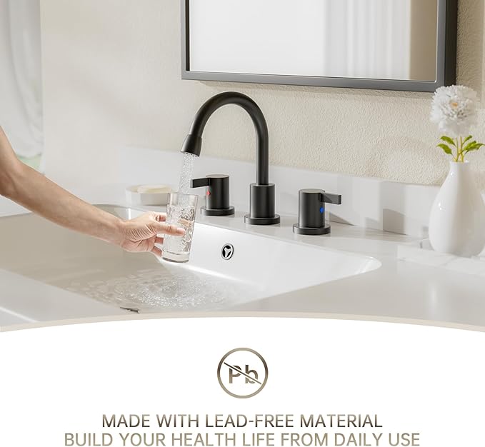 Phiestina Pull Down Sprayer Matte Black Widespread Bathroom Sink Faucet, 8 Inch 2 Handles 3 Hole Pull Out Bathroom Faucet，with Metal Pop-Up Drain and Water Supply Line，BF04012-K01-MB