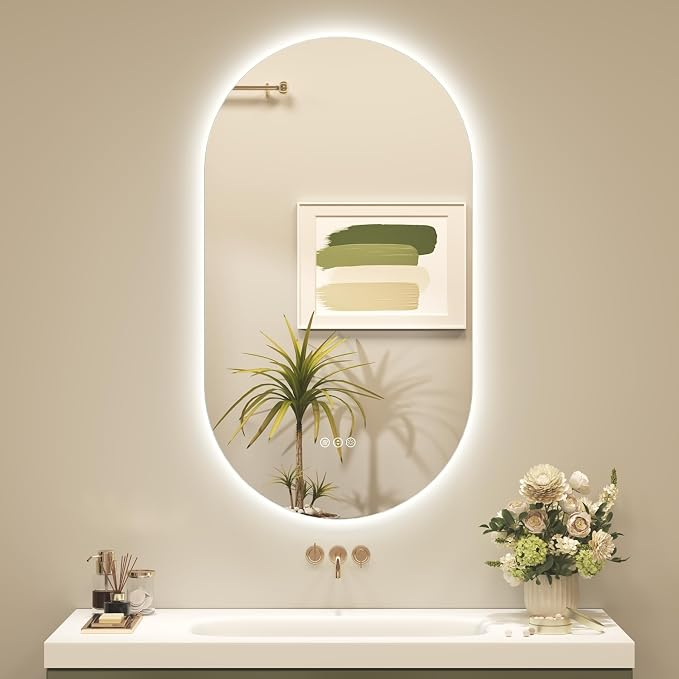 OKPAL Backlit Oval LED Bathroom Mirror with Lights 20 x 36, Pill-Shaped Lighted Vanity Mirror for Wall, Anit-Fog, Dimmable, Memory Function, Shatterproof, UL (Horizontal/Vertical)