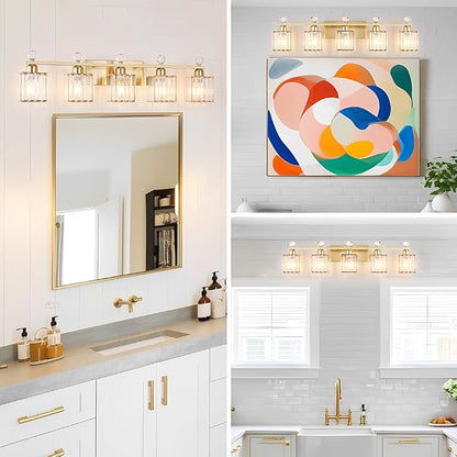 Lxybcce Bathroom Vanity Lights Over Mirror - Easy Installation with Clear Guide, 5-Light Shadow-Free Design, Gold Crystal Finish - for Modern Home Bathroom Lighting Fixtures in DIY Projects