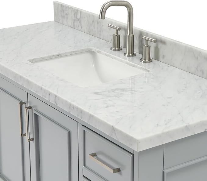 DKB Langford 54-inch Grey Bathroom Vanity with Center Rectangle Single Sink, Italian Carrara Marble Countertop & Backsplash, Solid Wood Frame, Soft-Closing & Dovetail Drawers