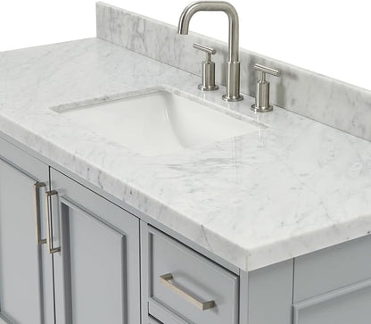 DKB Langford 54-inch Grey Bathroom Vanity with Center Rectangle Single Sink, Italian Carrara Marble Countertop & Backsplash, Solid Wood Frame, Soft-Closing & Dovetail Drawers