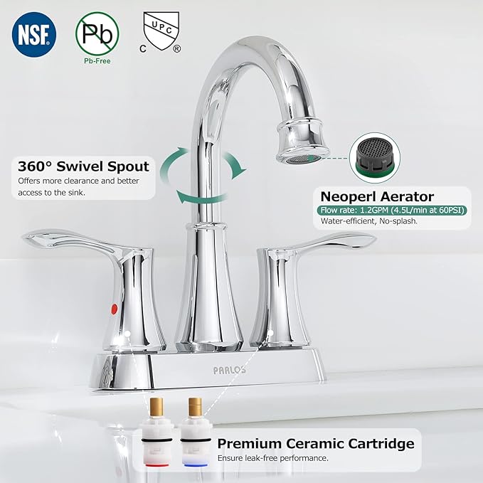 PARLOS Swivel Spout 2-Handle Bathroom Sink Faucet with Metal Pop-up Drain and Faucet Supply Lines, Chrome, Demeter 1362701