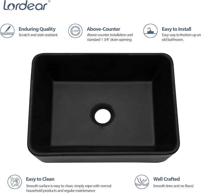 Lordear Black Vessel Sink Rectangular 16" x 12" Black Bathroom Vessel Sink Rectangular Ceramic Porcelain Vanity Above Couter Art Basin