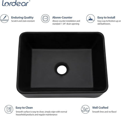 Lordear Black Vessel Sink Rectangular 16" x 12" Black Bathroom Vessel Sink Rectangular Ceramic Porcelain Vanity Above Couter Art Basin