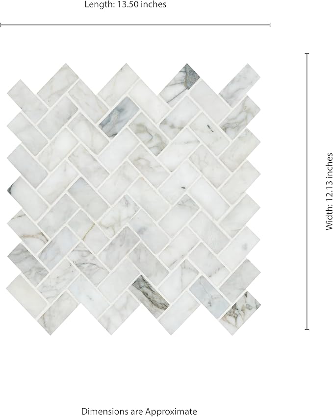 MSI Calacatta Cressa Herringbone Honed Marble Tile for Kitchen Backsplash, Wall Tile for Bathroom, Accent Wall Tile, and Shower Wall Tile, Mesh-Mounted Mosaic Tile, 11.61 x 11.61, White, 10 Piece