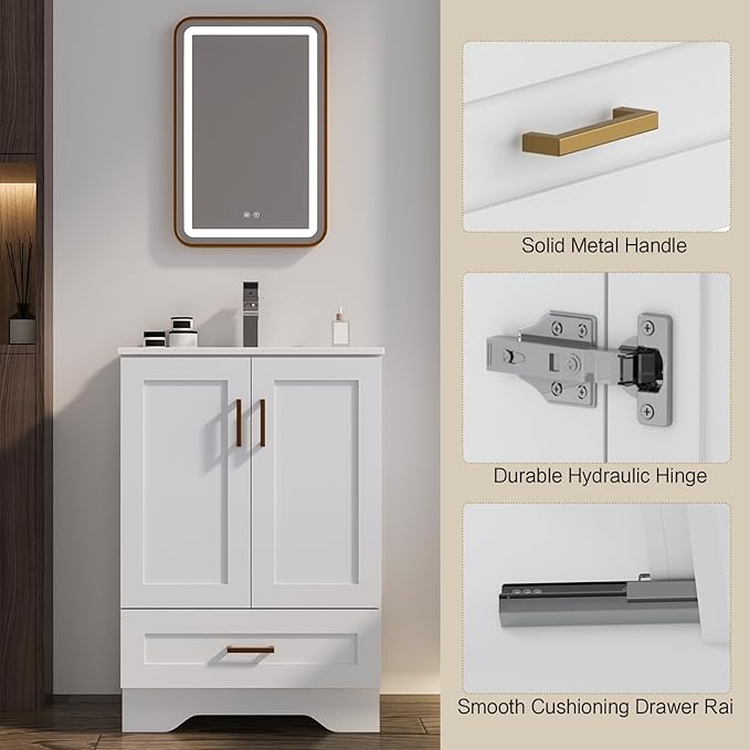 24 inch Bathroom Vanity with Sink, Modern White Vanity for Bathroom with Undermount Ceramic Sink, Freestanding 2-Door & 1-Drawer Storage Cabinet, for Small Bathroom Space, (White, 24")