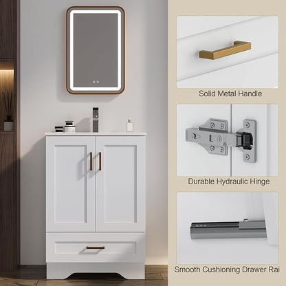 24 inch Bathroom Vanity with Sink, Modern White Vanity for Bathroom with Undermount Ceramic Sink, Freestanding 2-Door & 1-Drawer Storage Cabinet, for Small Bathroom Space, (White, 24")