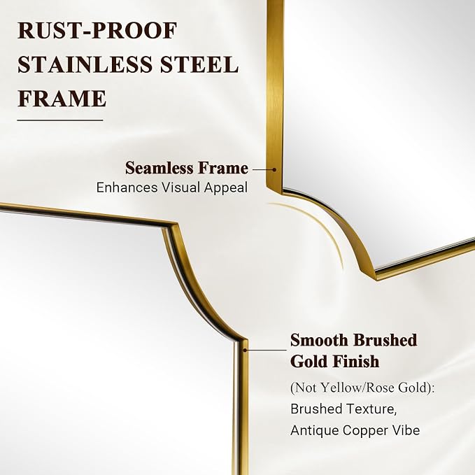 Scalloped 32"x40" Brushed Gold Wall Mirror | Rustproof Stainless Steel Frame, Elegant Scalloped Edges, Horizontal & Vertical Mount, Antique Luxury Bathroom Decor