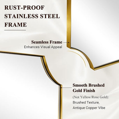 Scalloped 32"x40" Brushed Gold Wall Mirror | Rustproof Stainless Steel Frame, Elegant Scalloped Edges, Horizontal & Vertical Mount, Antique Luxury Bathroom Decor