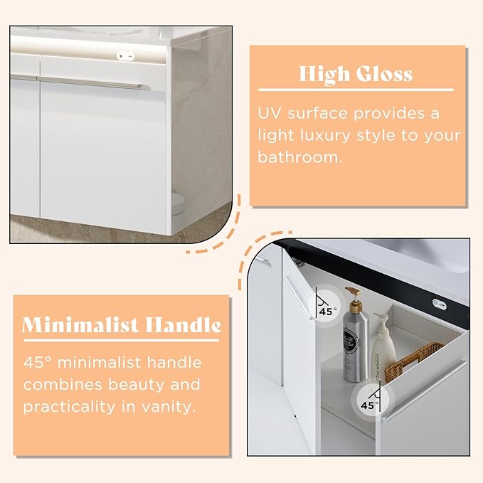 AMERLIFE 60" LED Floating Bathroom Double Vanity with Sink, Modern High Gloss Wall Mounted Bathroom Storage Cabinet with 3 Hole Sink, Metal Handles & Soft Closing Doors, White