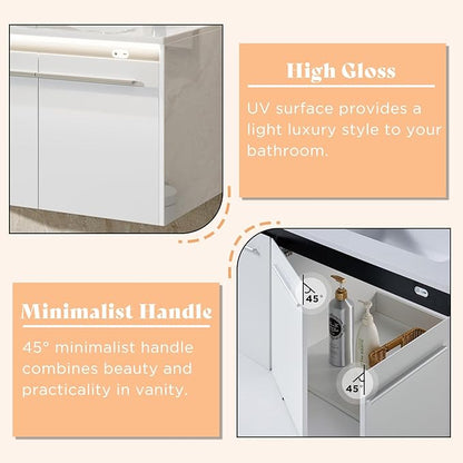 AMERLIFE 60" LED Floating Bathroom Double Vanity with Sink, Modern High Gloss Wall Mounted Bathroom Storage Cabinet with 3 Hole Sink, Metal Handles & Soft Closing Doors, White